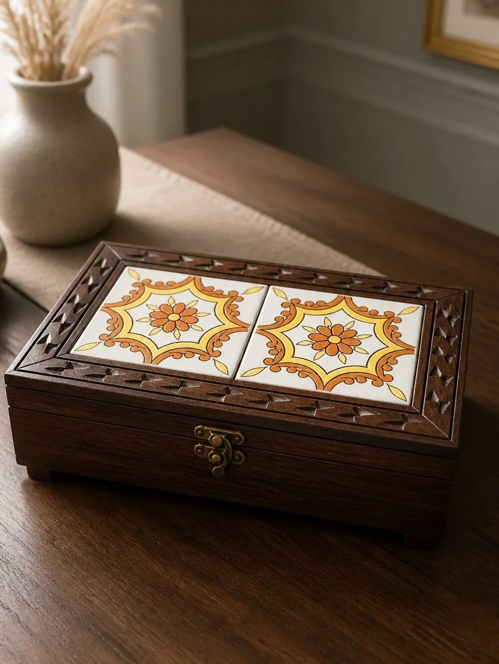 Vintage Hand Carved Wood Jewelry Box Yellow Brown Mexican Tiles